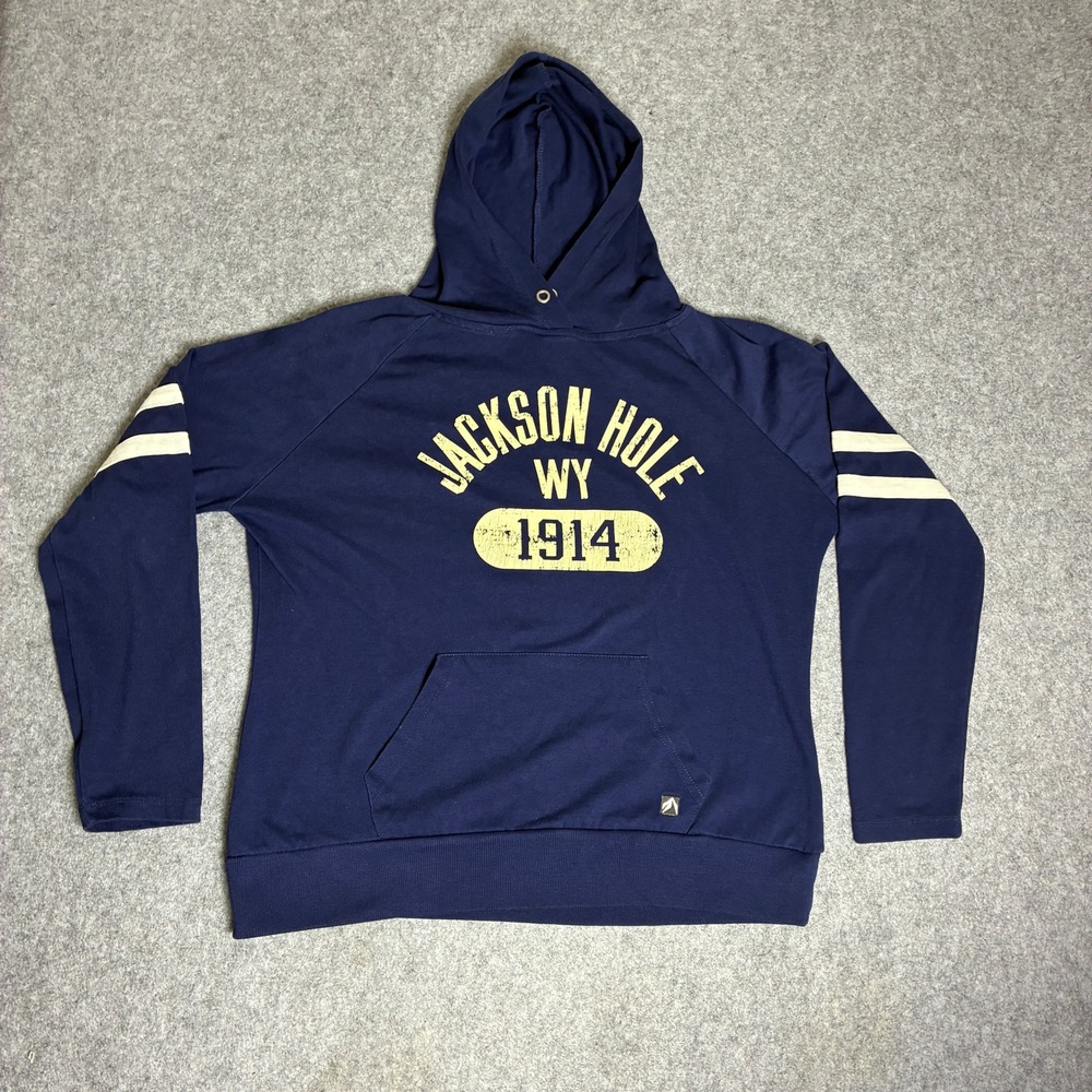 Outfitter Trading Co Mens Jackson Hole WY 1914 Hoodie Navy Blue Large Pullover